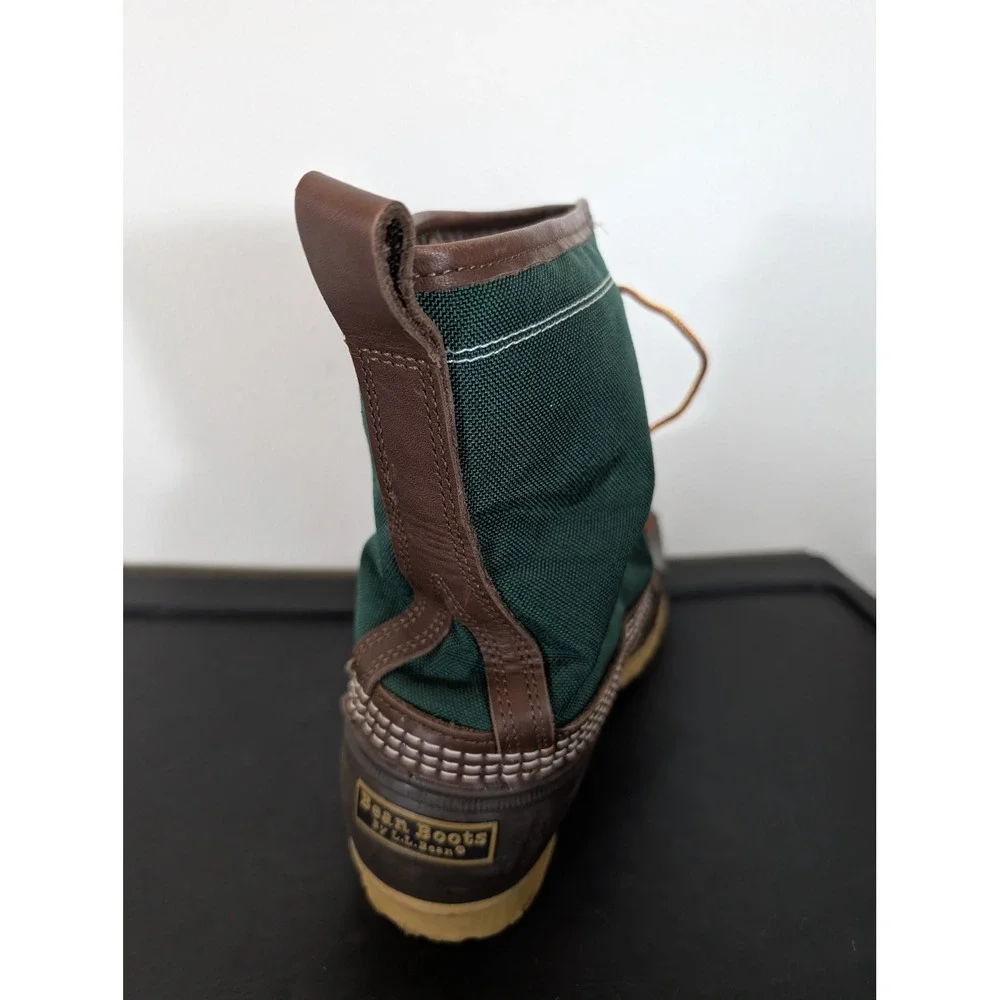 LL Bean Men's 13 Shearling Lined Duck Boots Green Canvas Brown Leather USA
